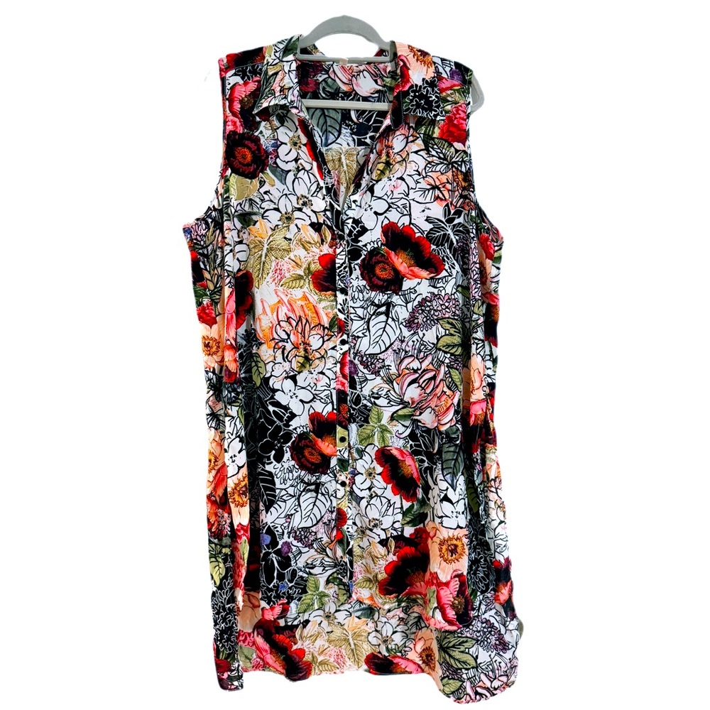 Spense Black Floral Sleeveless Duster Button Down Blouse Top Size 1X